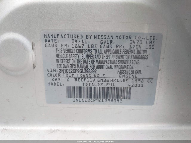 Nissan 2016 2016 3N1CE2CP9GL398392 Image 9