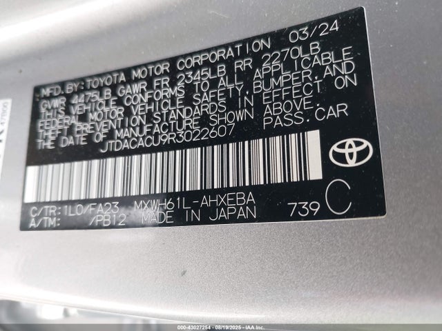 JTDACACU9R3022607 Toyota m20a-fxs