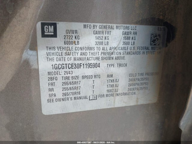 1GCGTCE30F1195904 Chevrolet lfx - sidi, vvt, e85 max, alum