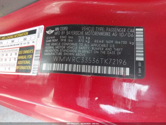 2006 MINI COOPER WMWRC33536TK72196 Photo 8
