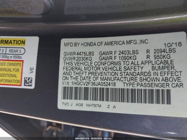 Honda k20c4 2018 1HGCV2F36JA052418 Image 9