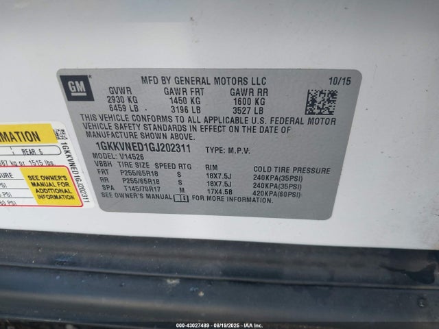 1GKKVNED1GJ202311 GMC llt - sidi, alum, 60 degrees