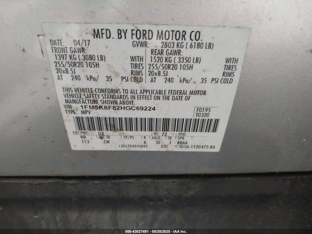 1FM5K8F82HGC69224 Ford 3.5l ti-vct