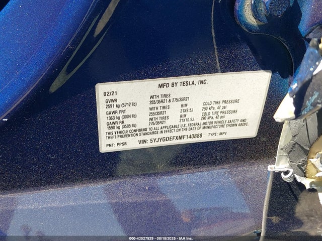 2021 TESLA MODEL Y 5YJYGDEFXMF140888 Photo 8