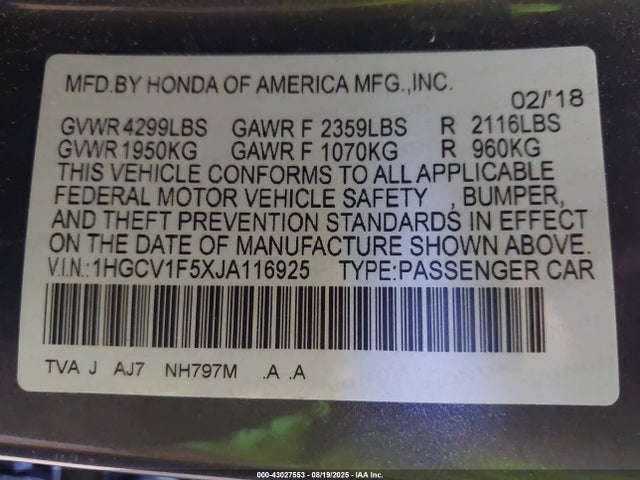 1HGCV1F5XJA116925 Honda l15be