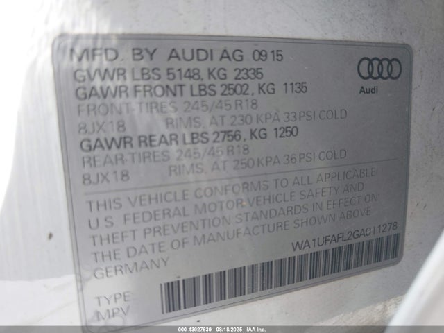 WA1UFAFL2GA011278 Audi 2.0t