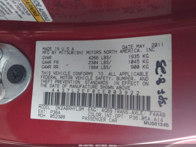 2012 MITSUBISHI ECLIPSE SPYDER 4A37L2EF0CE003922 Photo 8