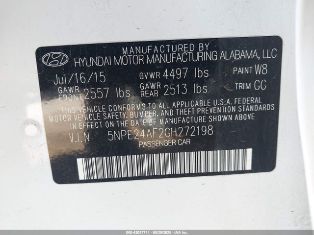 5NPE24AF2GH272198 Hyundai dohc gdi theta-ii