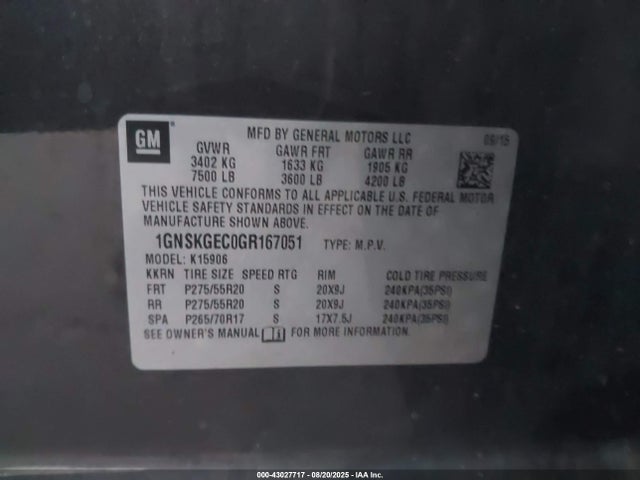 1GNSKGEC0GR167051 Chevrolet l83 - sidi, vvt, afm, e85 max, aluminum