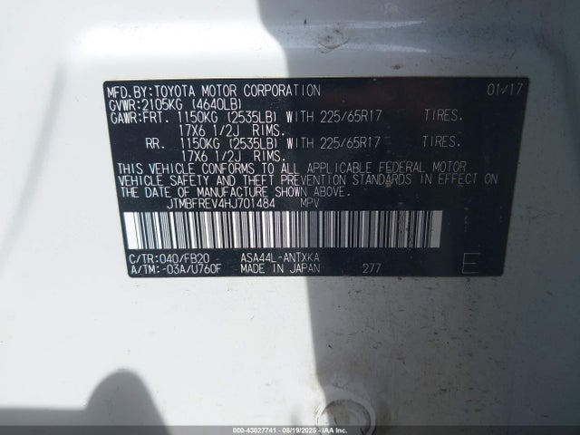 JTMBFREV4HJ701484 Toyota 2ar-fe