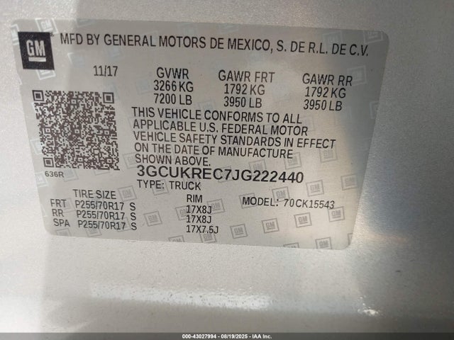 3GCUKREC7JG222440 Chevrolet l83 - sidi: spark ignited direct injection, vvt: variable valve timing, afm, e85 max, alum