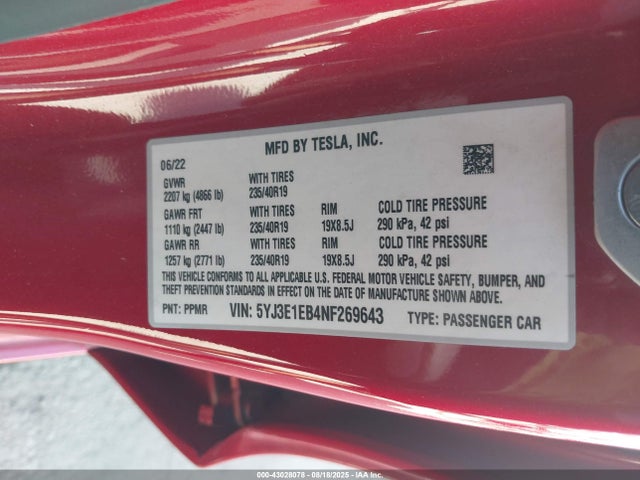 2022 TESLA MODEL 3 5YJ3E1EB4NF269643 Photo 8