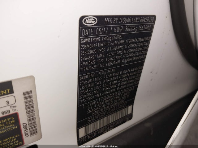 SALWG2FV5HA154027 Land Rover s/c lev3 sulev30
