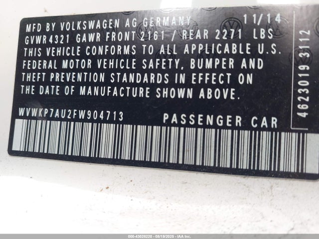 WVWKP7AU2FW904713 Volkswagen E-Golf