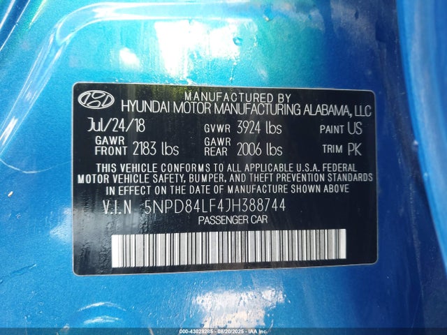 5NPD84LF4JH388744 Hyundai mpi nu