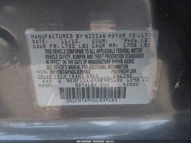 Nissan Versa 2016 3N1CN7AP4GL839183 Image 9
