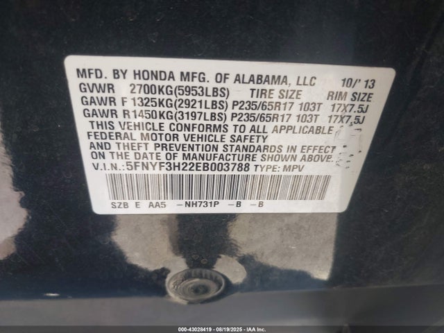 5FNYF3H22EB003788 Honda j35z4