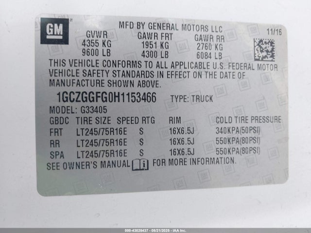1GCZGGFG0H1153466 Chevrolet l96 - engine flexible fuel, iron