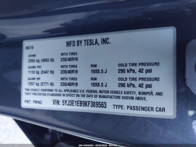 2019 TESLA MODEL 3 5YJ3E1EB9KF389563 Photo 8