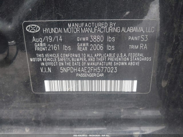 Hyundai dohc mpi nu 2015 5NPDH4AE2FH577023 Image 9