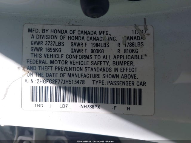 Honda k20c2 2018 2HGFC2F77JH515478 Image 9