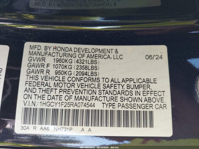 1HGCY1F25RA074544 Honda l15be