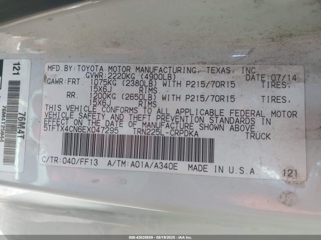 Toyota 2tr-fe 2014 5TFTX4CN6EX047295 Image 9