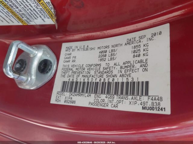 2011 MITSUBISHI ECLIPSE 4A31K5DF0BE011531 Photo 8