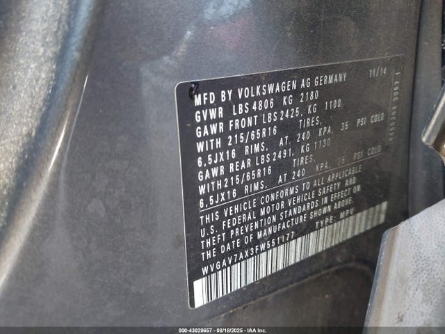 WVGAV7AX3FW551177 Volkswagen 2015