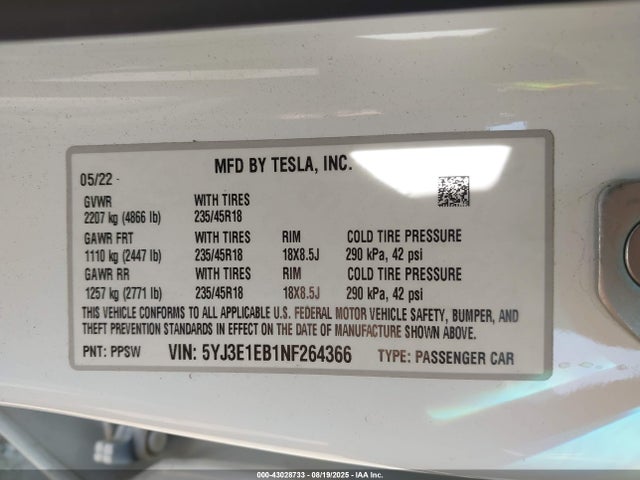 2022 TESLA MODEL 3 5YJ3E1EB1NF264366 Photo 8