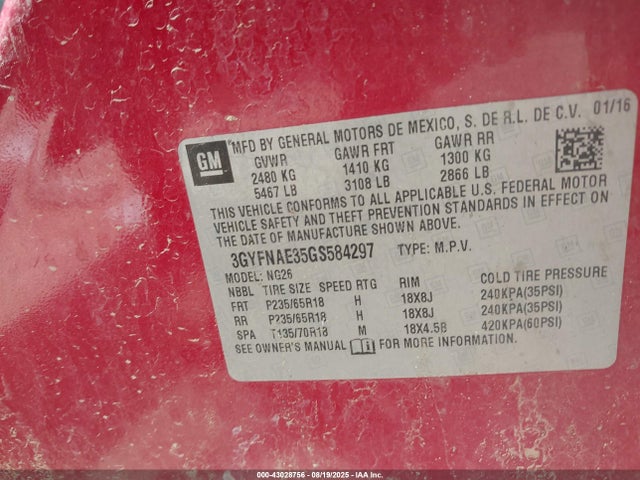 2016 CADILLAC SRX 3GYFNAE35GS584297 Photo 8
