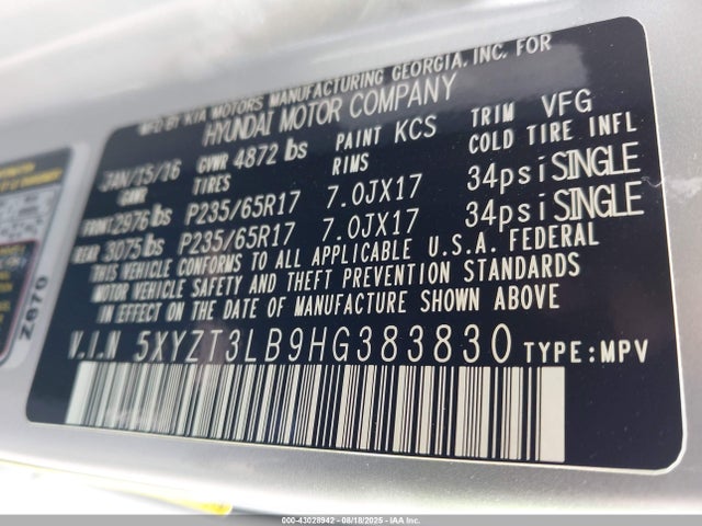 5XYZT3LB9HG383830 Hyundai gdi theta ii