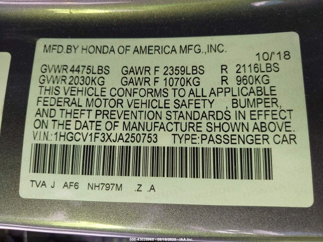 1HGCV1F3XJA250753 Honda l15be