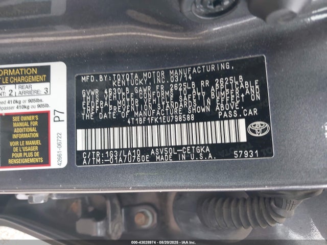 4T1BF1FK1EU798588 Toyota 2ar-fe