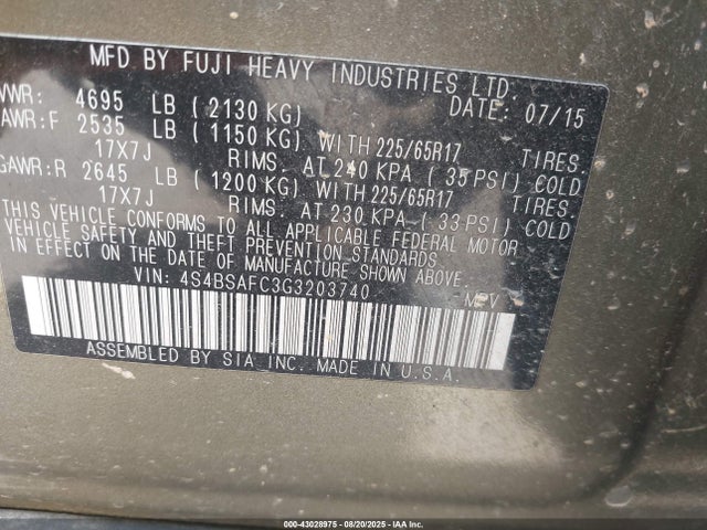 Subaru 2.5l u5 2016 4S4BSAFC3G3203740 Image 9