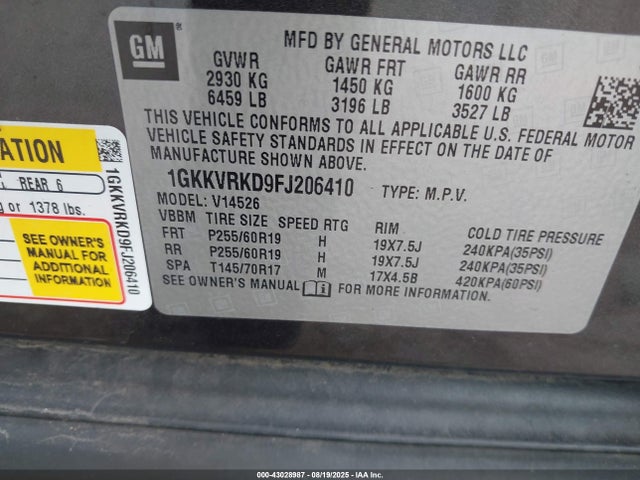 1GKKVRKD9FJ206410 GMC llt