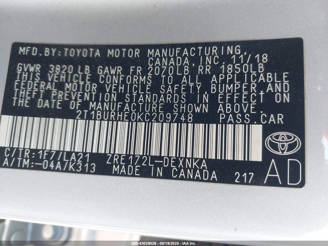 2T1BURHE0KC209748 Toyota 2zr-fe