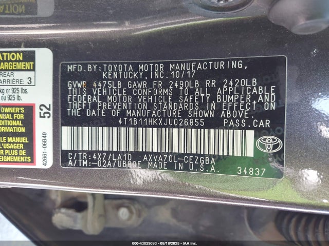 4T1B11HKXJU026855 Toyota a25a-fks