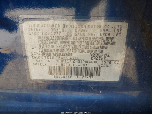 3N1CN7AP0JL873497 Nissan 2018
