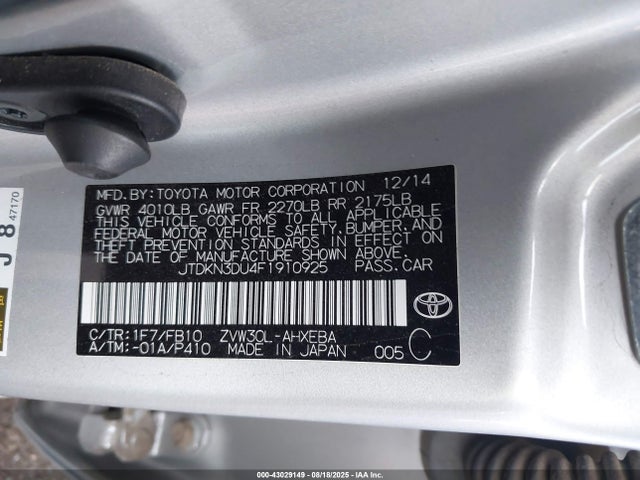 Toyota 2zr-fxe+3jm 2015 JTDKN3DU4F1910925 Image 9