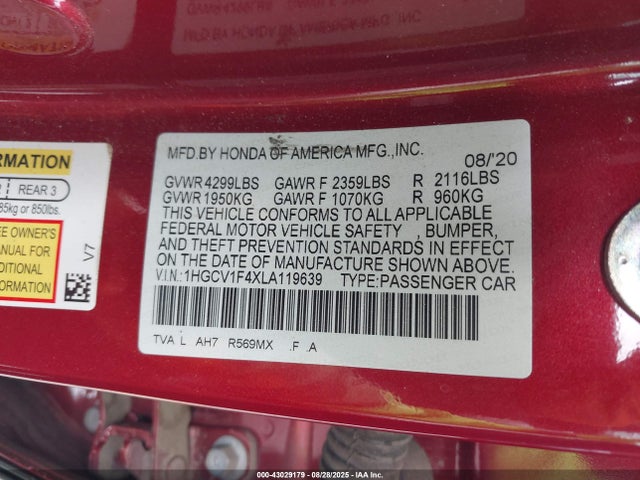 1HGCV1F4XLA119639 Honda ACCORD EX