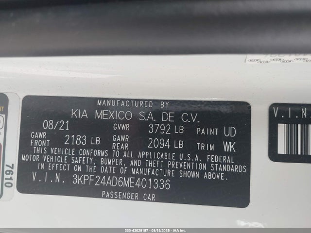 3KPF24AD6ME401336 KIA mpi nu