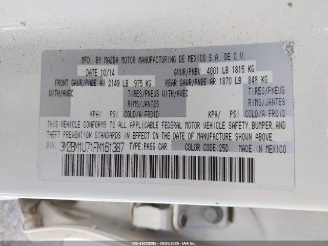 Aukcja sprzedaży 2015 Mazda Mazda3 I Sport, vin: 3MZBM1U71FM161387, numer aukcji: 43029295