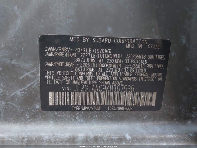 Subaru naturally aspirated 2019 JF2GTANC9KH367936 Image 9