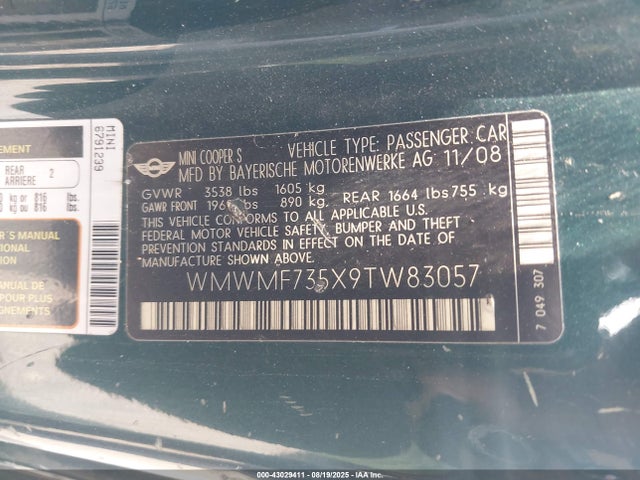 2009 MINI COOPER S WMWMF735X9TW83057 Photo 8