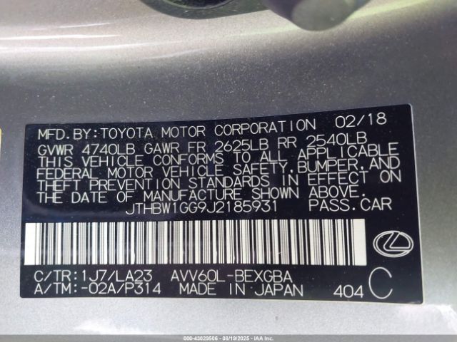 2018 LEXUS ES 300H JTHBW1GG9J2185931 Photo 8