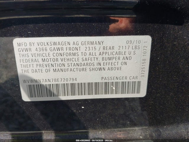 43029563 :رقم المزاد ، WVWMN7AN7BE720794 vin ، 2011 Volkswagen Cc Sport مزاد بيع