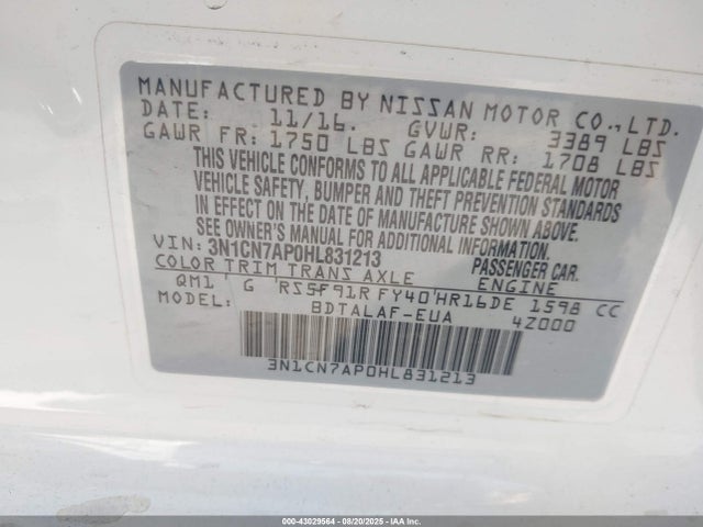 3N1CN7AP0HL831213 Nissan Versa