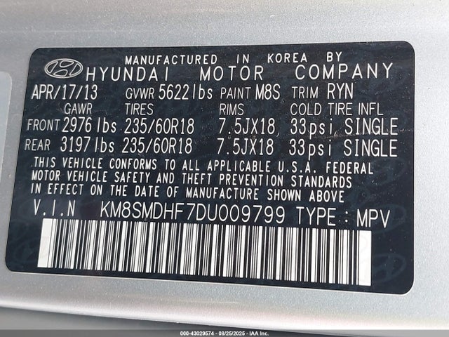 Aukcja sprzedaży 2013 Hyundai Santa Fe Gls, vin: KM8SMDHF7DU009799, numer aukcji: 43029574