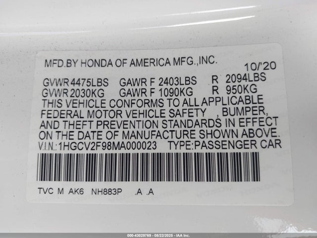 1HGCV2F98MA000023 Honda k20c4